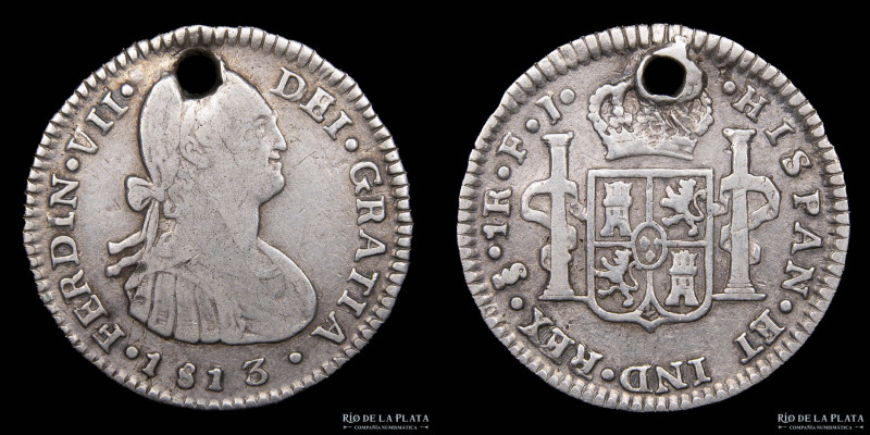 Santiago. Chile. Fernando VII (1808-1825) 1 Real 1813 FJ con el busto de Carlos ...