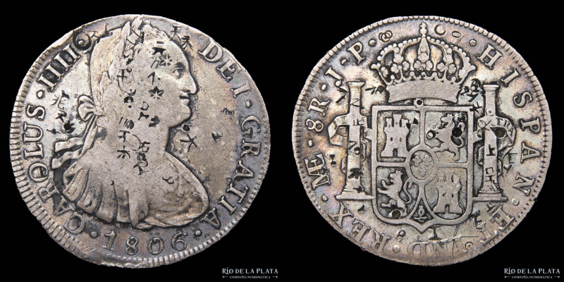 Lima, Perú. Carlos IV (1788-1808) 8 Reales 1806 JP. Contramarcas chinas. (Chopma...