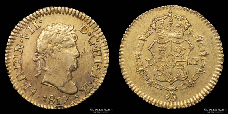 Lima, Perú. Fernando VII (1808-1825) 1/2 Escudo 1817 JP. Oro AU.873; 14.0mm; 1.6...