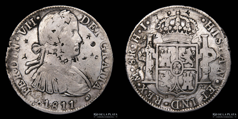 México. Fernando VII (1808-1833) 8 Reales 1811 HJ. Contramarcas chinas en anvers...