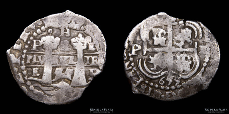 Potosí. Felipe IV (1621-1662) 2 Reales 1656 E, arriba H. Doble fecha visible. Ma...