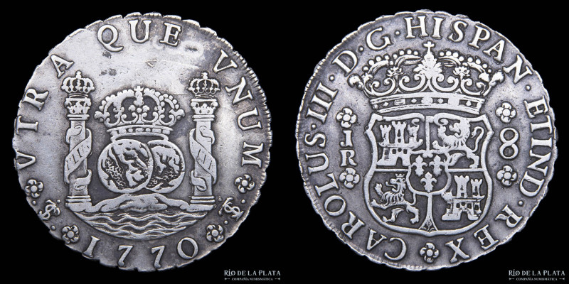 Potosí. Carlos III (1759-1788) 8 Reales 1770 JR (José Vargas y Flor y Raimundo d...