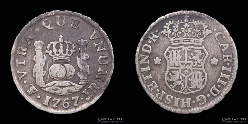 Potosí. Carlos III (1759-1788) 1/2 Real 1767 JR Columnaria (José de Vargas y Flo...