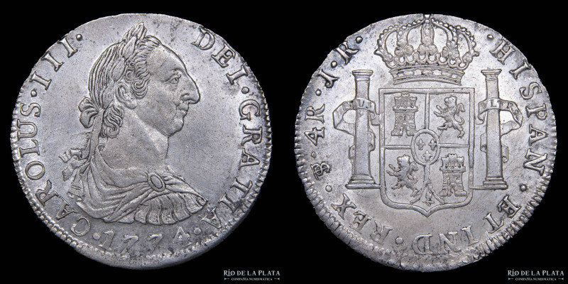 Potosí. Carlos III (1759-1788) 4 Reales 1774 JR (José Vargas y Flor, Francisco d...