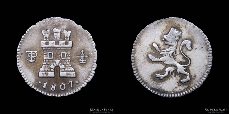 Potosí. Carlos IV (1788-1808) 1/4 Real 1807. Fecha muy escasa. AG.896; 11.0mm; 0...