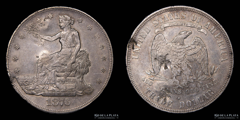 USA. 1 Dollar 1876 S. Chopmarks. AG.900; 38mm; 27.22g. KM108 (VF) Patina oscura...
