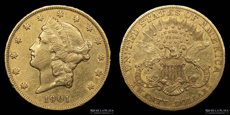 USA. 20 Dollars 1901 S. Oro AU.900; 34mm; 33.39g. San Francisco mint, Liberty He...