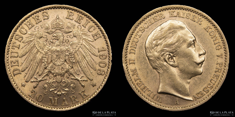 Alemania. 20 Mark 1908 A. Oro AU.900; 22mm; 7.99g. KM516 (XF)

Nota: Todos los...