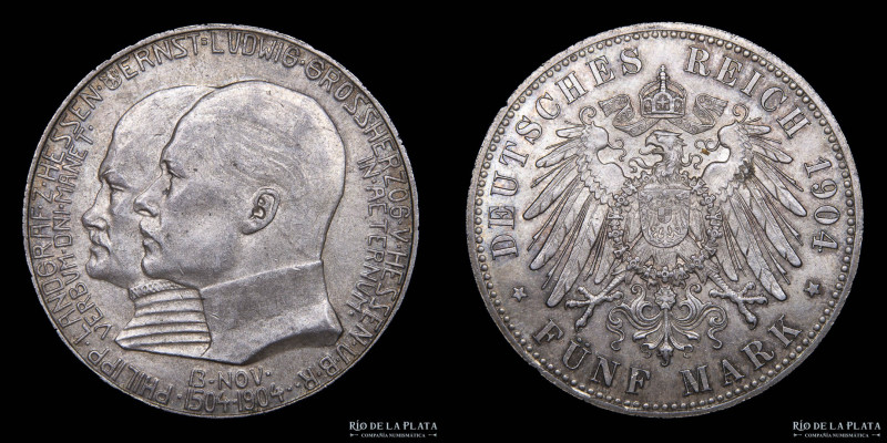 Alemania. 5 Mark 1904. Hesse-Darmstadt. Ernst Ludwig 400 Aniversario de Felipe e...