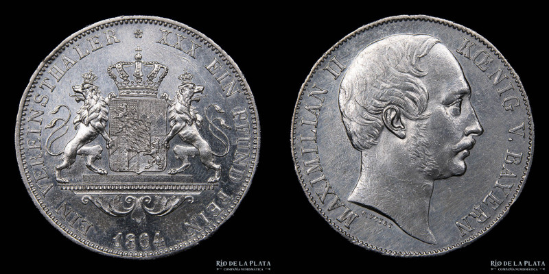 Alemania. Baviera. Maximilian II (1848-1864). 1 Vereinsthaler 1864. AG.900; 33mm...