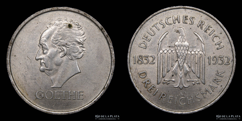 Alemania Weimar. 3 Reichsmark 1932 A. Berlin mint. AG.500; 30.0mm; 15.00g. (Goet...