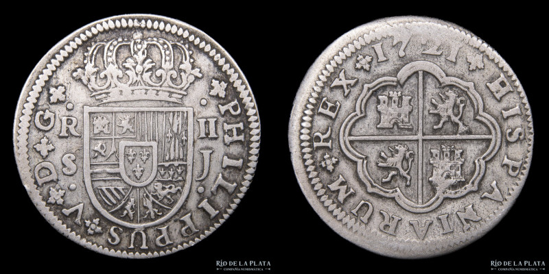 España. Felipe V. 2 Reales 1721 J. Sevilla. Plata; 28mm; 5.47g. KM307 (VF)

No...