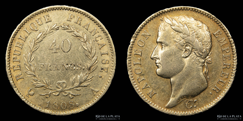 Francia. Napoleón I (1804-1815) 40 Francs 1808. Oro AU.900; 25.5mm; 12.86g. KM68...