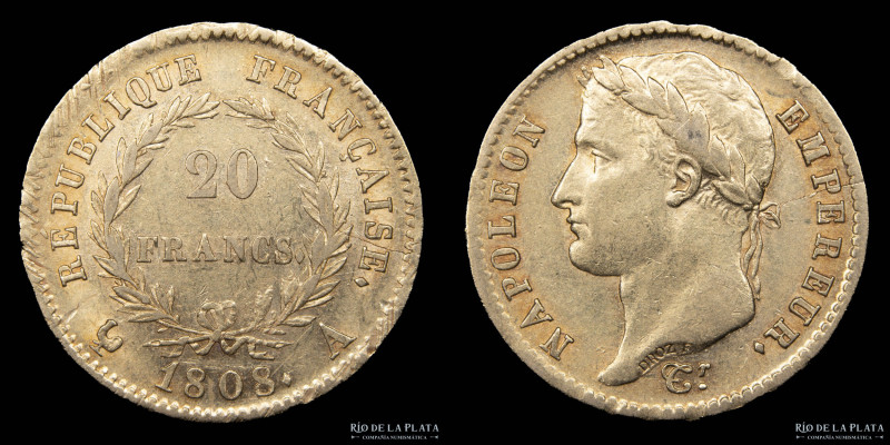 Francia. Napoleón I (1804-1815) 20 Francs 1808. Oro AU.900; 21mm; 6.43g. KM687 (...