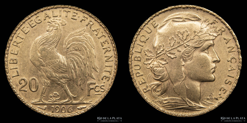 Francia. 20 Francs 1906. Oro AU.847; 21mm; 6.36g. KM847 (XF)

Nota: Todos los ...