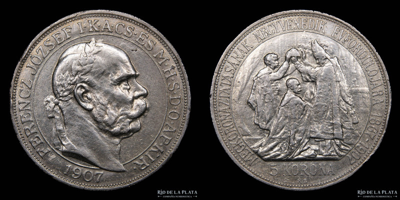 Hungría. Franz Joseph I. 5 Korona 1907. AG.900; 36mm; 24.0g. A: FERENCZ JÓZSEF I...