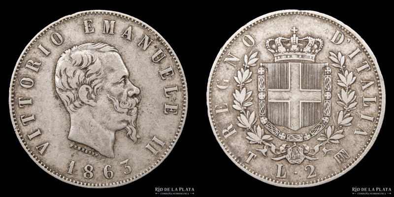 Italia. Vittorio Emanuele II. 2 Lire 1863 T BN. AG.835, 27.0mm; 9.88g. Escasa. K...