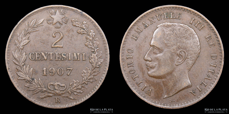 Italia. Vittorio Emanuele III (1900-1946) 2 Centesimi 1907. Roma. Cobre; 20mm; 1...