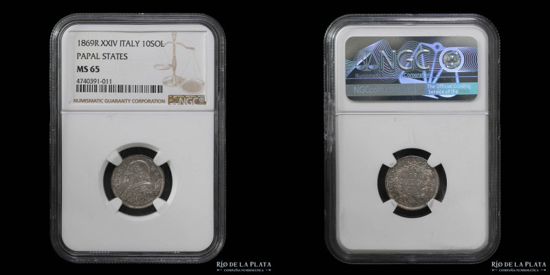 Estados Papales. Pio IX (1846-1870) 10 Soldi 1869R XXIV. AG.835; 18.5mm; 2.50g. ...