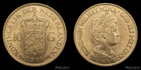 Paises Bajos. Wilhelmina. 10 Gulden 1911. KM149
