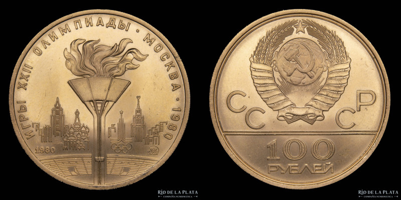 Rusia. USSR. 100 Rouble 1980. Olimpiadas Moscú. AU.900; 30mm; 17,34g. Y186 (UNC)...