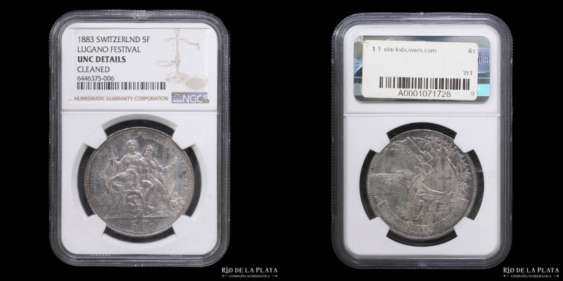 Suiza. Shooting Thaler 5 Francs 1883. Tiro Federale in Lugano. AG.835; 37.0mm; 2...