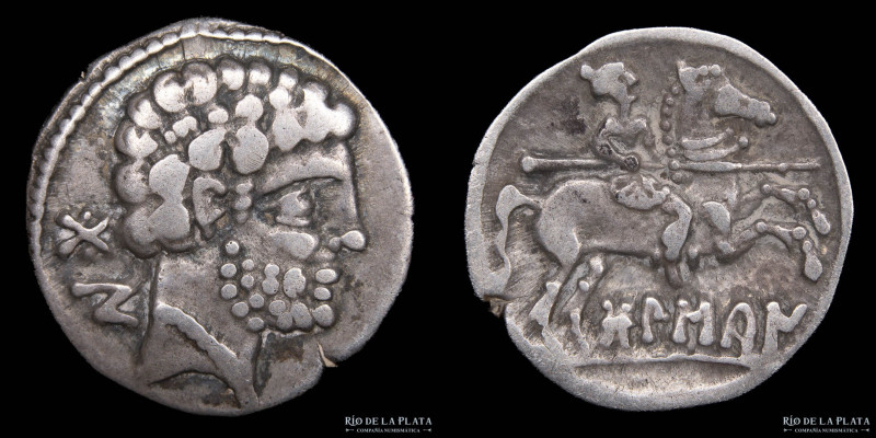 Hispania. Bolskan (Osca). Denarius (125-75BC). Silver; 18.0mm; 4.19g. A: Male he...