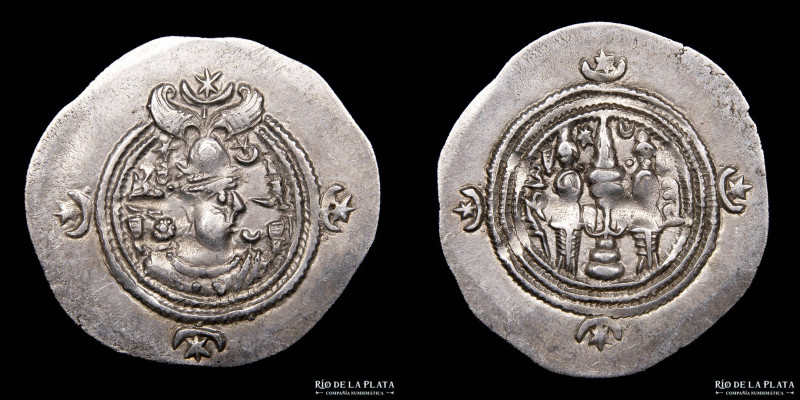 Sasanian Kingdom. Khusro II (591-628) Drachm "ST" Istakhr/Persepolis mint. Year ...