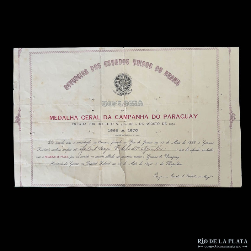 Guerra Triple Alianza. Brasil. Diploma medalla general de la campaña del Paragua...