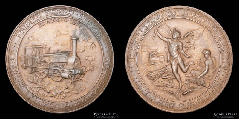 Argentina. Ferroviarias. 1907. FFCC Argentinos 50 Aniversario. Cobre; 60mm; 100....
