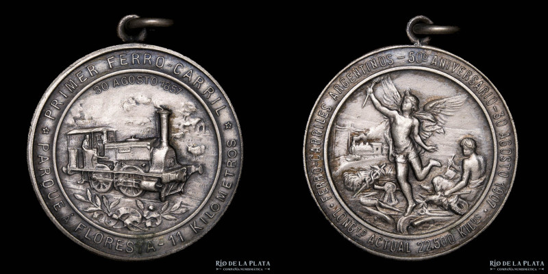 Argentina. Ferroviarias. 1907. FFCC Argentinos 50 Aniversario. Metal plateado; 3...