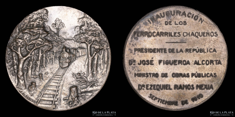 Argentina. Ferroviarias. 1910. Inauguración de los FFCC chaqueños. Bronce platea...
