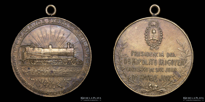 Argentina. 1921. Ferroviarias. San Juan Ferro Carril a Jáchal. San Juan. Bronce;...