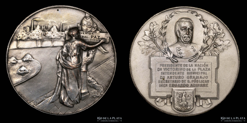 Argentina. 1916. Obra Pública. Avenida Gral. Paz. Cobre plateado; 56mm; 62.37g. ...