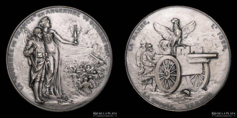 Argentina. 1917. Día de Francia en Argentina. Metal plateado; 66mm; 113.75g. A: ...