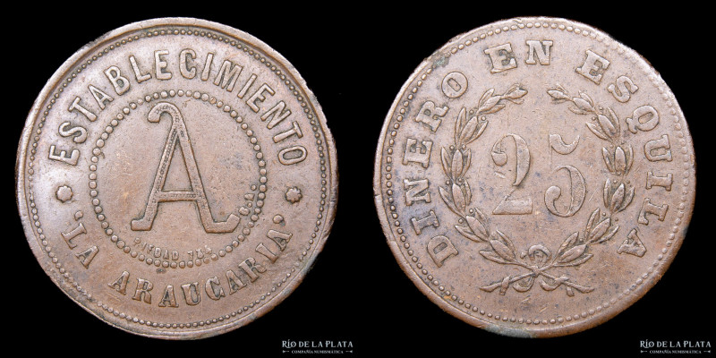 Argentina. Ficha. Esquila. Valor 25. La Araucaria. Chivilcoy, Buenos Aires. Cobr...