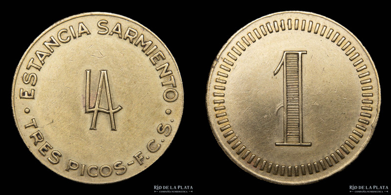 Argentina. Ficha. Valor 1. Estancia Sarmiento. Bronce; 30mm; 7.72g. Estación Tre...
