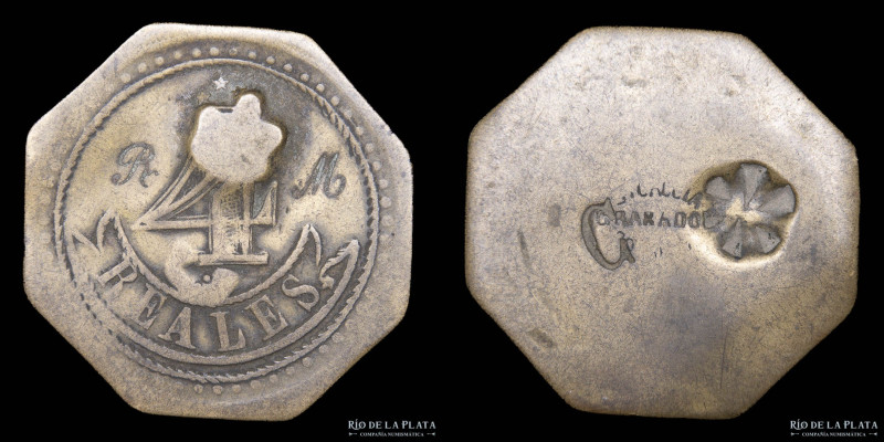 Argentina. Ficha octogonal. Valor 4 Reales. Latón; 31mm; 5.25g. Contramarca "C" ...