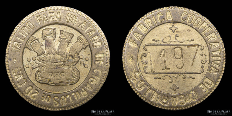 Argentina. Ficha. 20 Centavos. Vale por un atado. Fábrica Cooperativa de Cigarri...