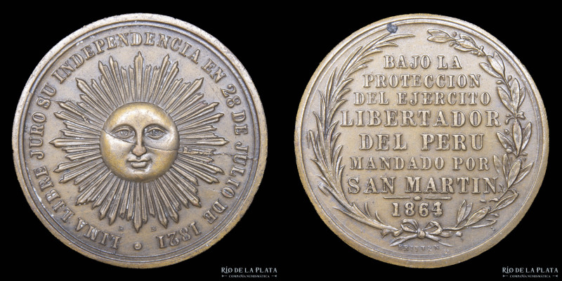 Perú. 2 Reales 1864. Proclama de la Independencia 1821. BAJO LA / PROTECCION / D...