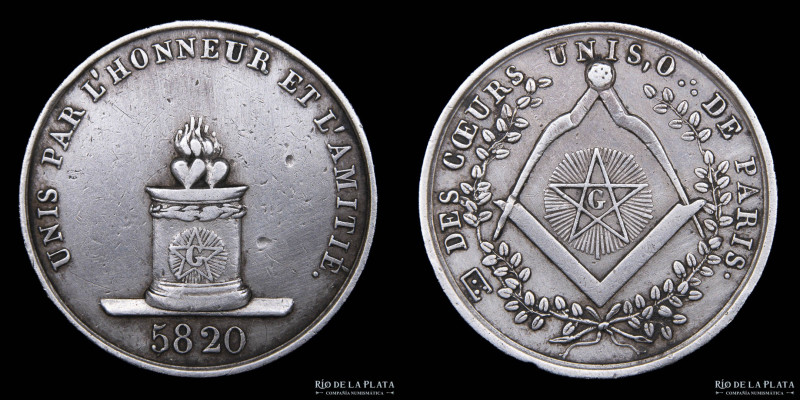 Francia. 1820. Masónica. LES COEURS UNIS. Paris. Plata; 24mm; 5.24g. Logia funda...