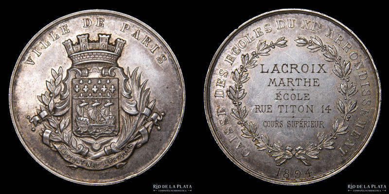Francia. 1894. Paris. Caisse Des Ecoles du XIe arrondissement. Plata; 34mm; 16.6...