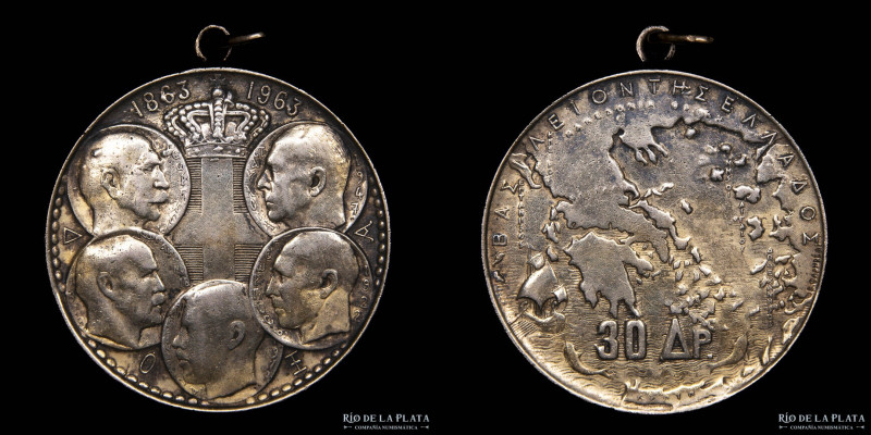 Grecia. 30 dracmas 1963. 100º Aniversario de los Cinco Reyes Griegos. AG.835 (c/...