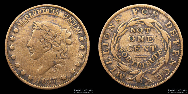 USA.Token. Not One Cent. 1837. Cobre; 28mm; 8.57g. Estos "HARD TIMES" (tiempos d...