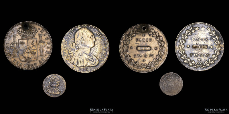 Botones. Lote x3. 8 Reales y 1 Real. TW&W. Paris. Simil colonial. Busto de Carlo...