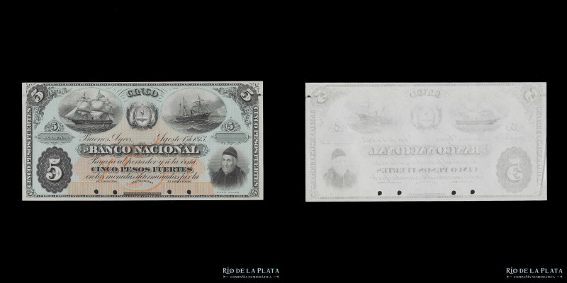 Argentina. Buenos Aires. El Banco Nacional. Specimen 5 Pesos Fuertes 1873 Front....