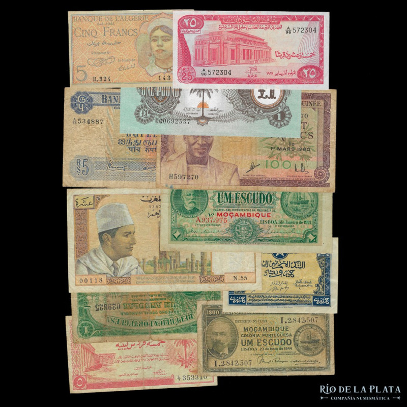 Africa. Lote x 11 billetes diferentes. Incluye Libia, Túnez, Mozambique, Maurici...