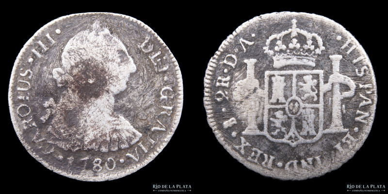 Santiago. Chile. Carlos III (1759-1788) 2 Reales 1780 DA. AG.903; 27mm; 6.04g. K...