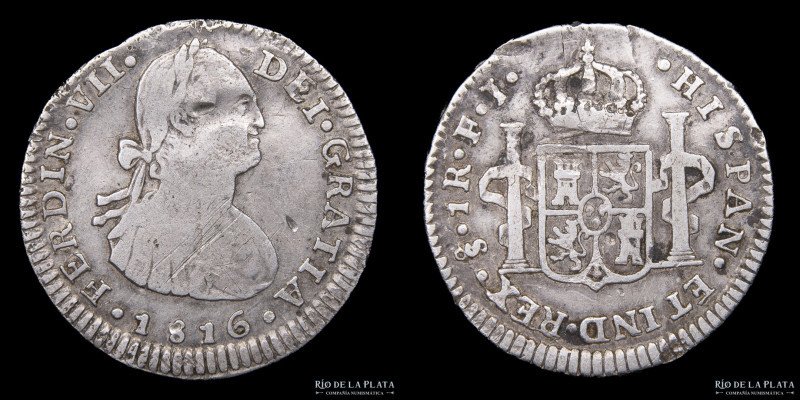 Santiago. Fernando VII (1808-1833) 1 Real 1816 FJ. Busto transicional de Carlos ...