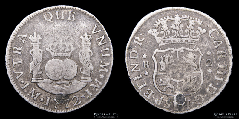Lima. Carlos III (1759-1788) 2 Reales 1772 JM. AG.917; 28mm; 6.51g. KM62. perfor...